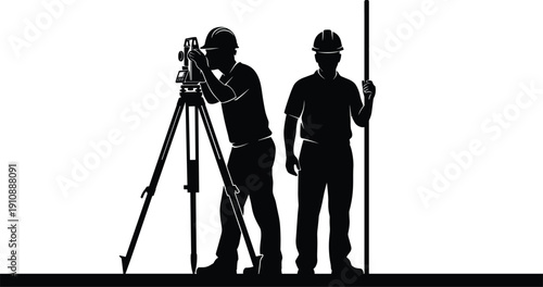 Silhouette, of, construction, workers, using, surveying, equipment, operating, heavy, machinery, climbing, ladders, and, performing, manual, labor, on, a, white, background.