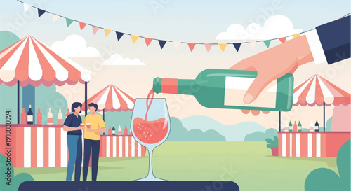 People enjoy drinks at an outdoor event with stalls and decorations