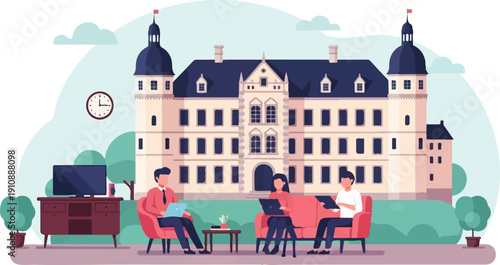 People working on laptops outside a large historic building with a clock on the wall