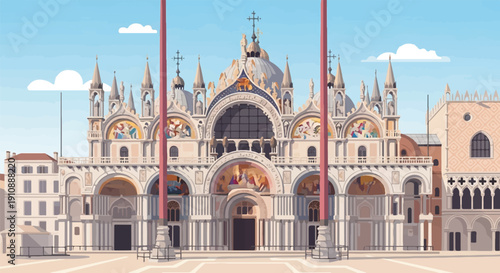 Ornate Byzantine cathedral facade with domes, arches, and mosaic details under sky