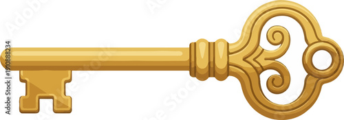 Ornate golden antique key with intricate scrollwork and a simple bit