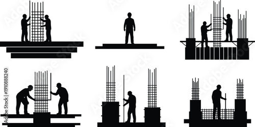 Silhouette, of, construction, workers, building, concrete, foundations, with, steel, rebar, reinforcement, frames, pillars, and, structural, engineering, elements, on, white, background.