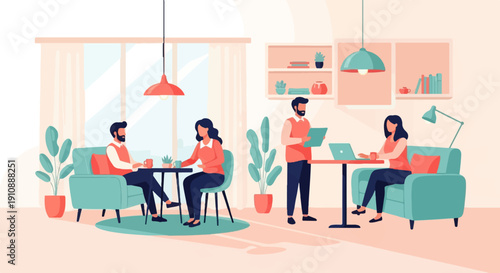 People collaborating and working in a modern, well-lit interior space