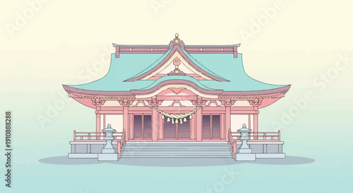 Ornate Japanese temple with curved turquoise roof and pink pillars