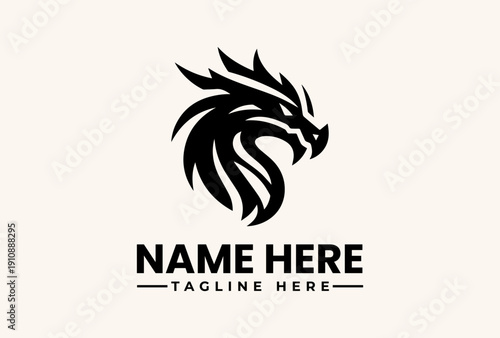 Black logo illustration of a horse head with flowing mane and placeholder text on a beige background, featuring a stylized icon design.