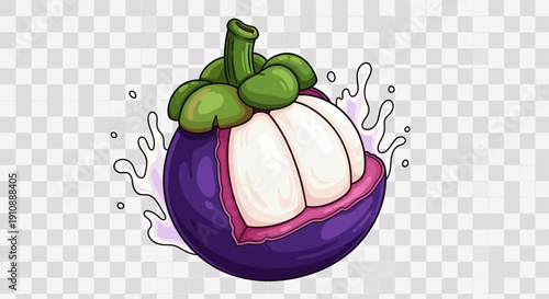 Deliciously illustrated cartoon tropical mangosteen fruit cracked open showing juicy white segments with splashing liquid detail on transparent background