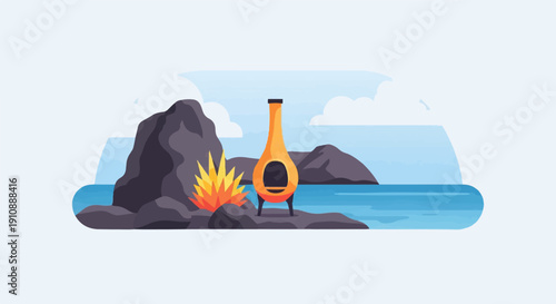 Outdoor fireplace on rocky shore with ocean and clouds