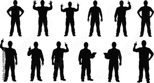 Silhouette, of, construction, workers, wearing, hard, hats, and, safety, gear, performing, various, hand, signals, holding, clipboards, on, a, white, background.