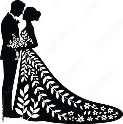 Romantic wedding couple silhouette, black and white illustration, floral gown design, bouquet holding groom, decorative art, love, marriage inspiration