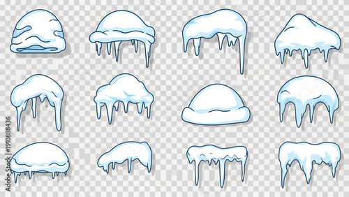 Snowy roof tops in various stages of melting in blue outline on transparent background for winter weather graphics