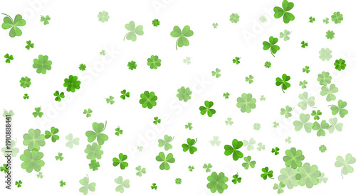 Green White St. Patricks Day bg. Flying clover leaves. Clover leaf as a symbol of good luck, traditional holiday of Ireland, beer festival. Vector background Illustration.