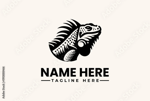Black and white illustration of an iguana head logo with placeholder text on a beige background, featuring a vector-style design.