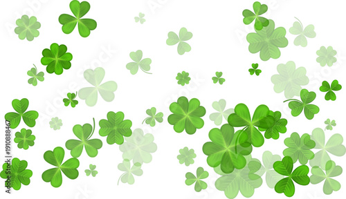 Green White St. Patricks Day bg. Flying clover leaves. Clover leaf as a symbol of good luck, traditional holiday of Ireland, beer festival. Vector background Illustration.