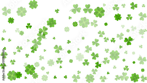 Green White St. Patricks Day bg. Flying clover leaves. Clover leaf as a symbol of good luck, traditional holiday of Ireland, beer festival. Vector background Illustration.