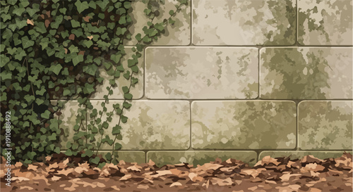 Overgrown ivy climbs a weathered stone wall with fallen leaves