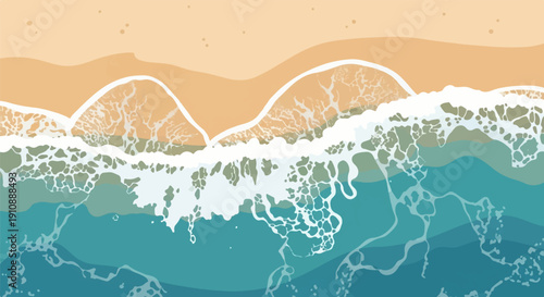 Overhead view of foamy waves crashing on a sandy beach with textured water