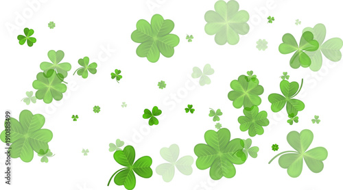Green White St. Patricks Day bg. Flying clover leaves. Clover leaf as a symbol of good luck, traditional holiday of Ireland, beer festival. Vector background Illustration.