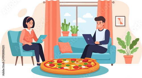 People relaxing indoors, working on laptops near a pizza