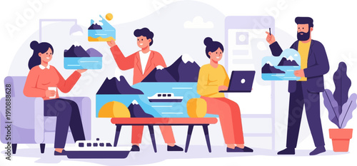 People collaborating and planning travel destinations with laptops and devices