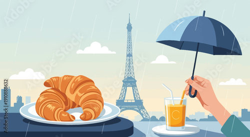 Parisian breakfast with Eiffel Tower and orange juice on a rainy day