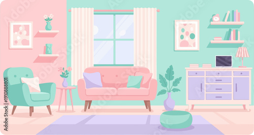 Pastel-colored living room with cozy seating, a window, and decorative items