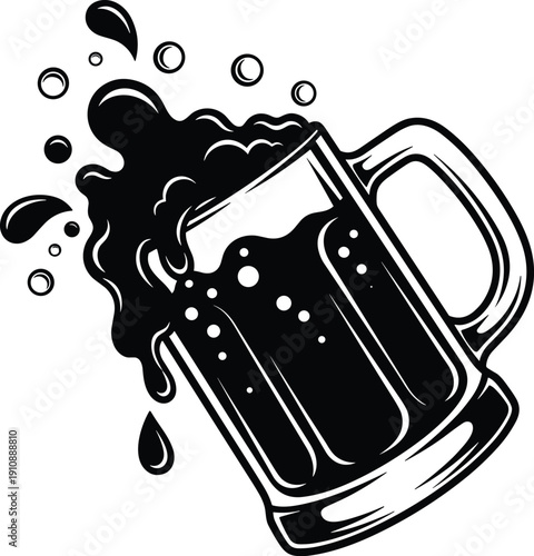 Splashing beer mug silhouette illustration, foamy alcohol drink icon isolated on white background for pub bar brewery logo design