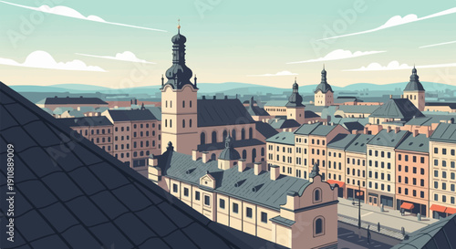 Pixel art cityscape with domed buildings and distant mountains under a soft sky