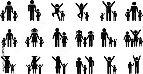 Set of family stick figure icons, parents and children silhouettes walking and playing, happy household life concept vector symbols collection.