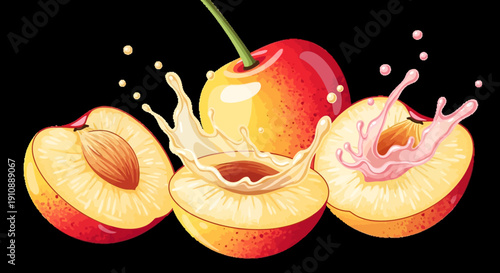 Juicy peach halves with a whole cherry are depicted with splashes of creamy milk and pink yogurt ingredients on transparent background