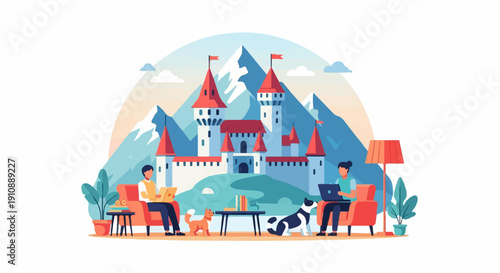 People working on laptops with dogs and castle backdrop