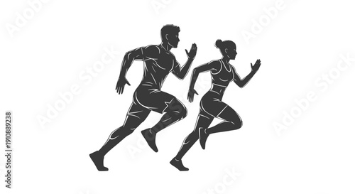 Running man and woman, isolated vector silhouettes. Run, side view. Silhouettes of athletic looking male and female runners running. Transparent background SVG version.