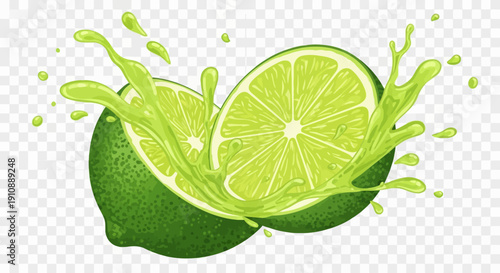 Vibrant illustration of fresh, zesty green lime halves exploding with juice splash for dynamic beverage advertisement on transparent background