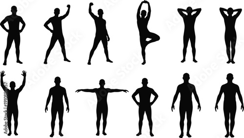PrintSet of athletic human body silhouettes, male figures in fitness poses, yoga stretches, and anatomical standing positions for health and wellness design