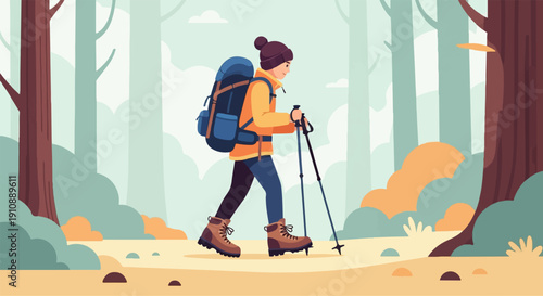 Person with backpack hikes through a stylized forest with tall trees