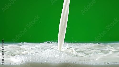 Continuous Milk Stream Creating Bubbly Splash on Bright Green Screen