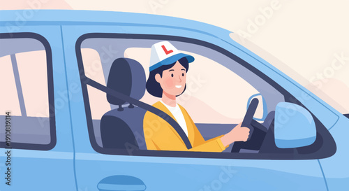 Person wearing a learning driver's cap driving a blue car