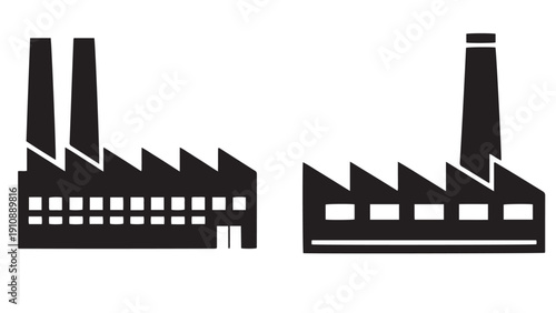 Factory Building Silhouette With Twin Chimneys And Sawtooth Roofline, Black Solid Vector Icon For Manufacturing, Industry And Production Design