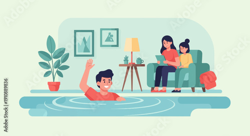 Person waves from water while two sit on couch