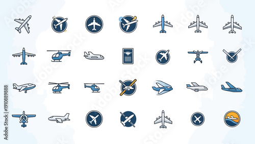 Airplane icons in blue and white color scheme on light background for travel branding