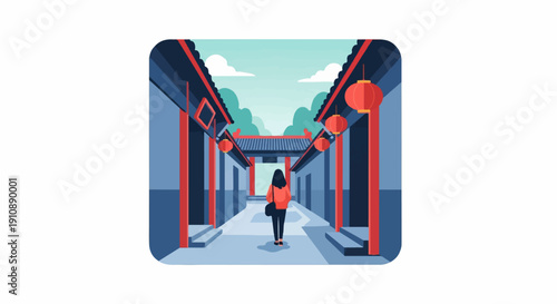 Person walks through a traditional, red-accented alleyway with lanterns