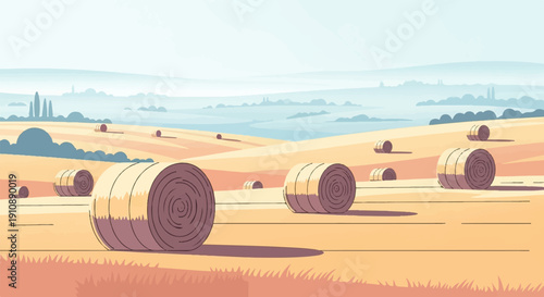 Pixel art landscape shows harvested fields with hay bales under a hazy sky