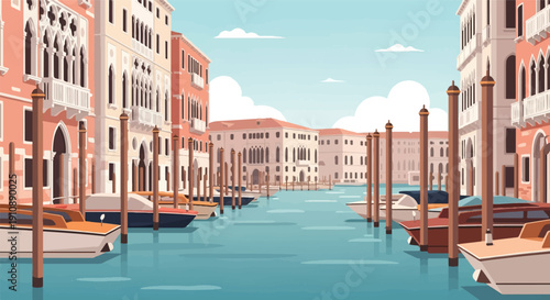 Pixel art canal with buildings and boats