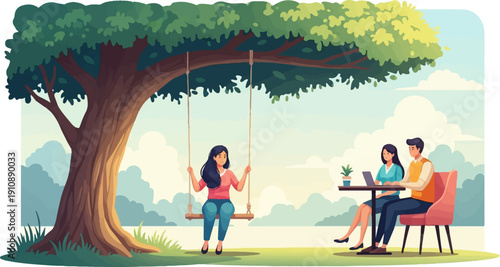 People enjoying leisure time under a large tree with a swing and a table
