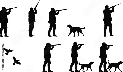 Silhouette of hunters with shotguns and hunting dogs aiming at birds in flight during duck hunting season isolated on white background for outdoor sports