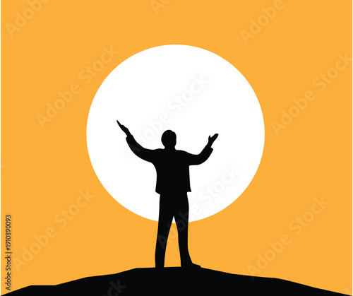 Man on a Hill Raising Hands Towards the Sky Silhouette. People and sports, outdoor activities and success vector