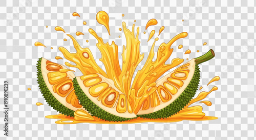 Vibrant illustration of sweet, ripe jackfruit pieces bursting with tropical juice splash and refreshing flavor on transparent background