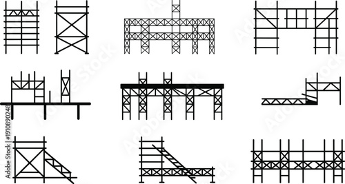 Construction Scaffolding Silhouette Set, Industrial Building Framework and Temporary Support Structures Vector Illustration Collection