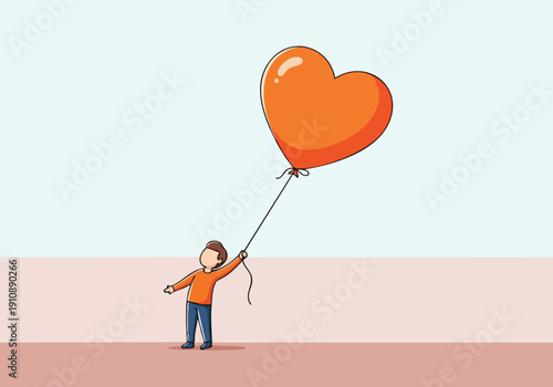 Boy holding a heart balloon. Love, childhood, dreams, happiness.