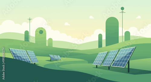 Pixelated landscape with solar panels and abstract structures