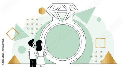 Couple Admiring Diamond Ring. Engagement Concept. Geometric Design.